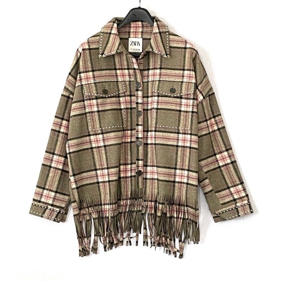 Zara Plaid Flannel Oversized Shacket with Fringe Hem and Studded Detailing - Picture 2 of 13
